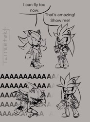 Size: 1050x1419 | Tagged: safe, artist:talisetekt, shadow the hedgehog, silver the hedgehog, sonic x shadow generations, aaa, comic, duo, english text, grey background, greyscale, line art, monochrome, screaming, wings