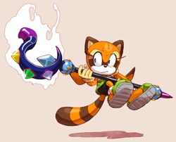 Size: 1498x1211 | Tagged: safe, artist:ppdppl_art, marine the raccoon, sonic rush adventure, commission, holding something, jeweled scepter, shadow (lighting), simple background, solo