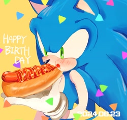 Size: 1337x1262 | Tagged: safe, artist:yuuki_sasami, sonic the hedgehog, birthday, chili dog, eating, food, happy birthday, solo, yellow background