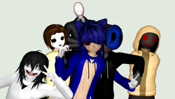 Size: 1192x670 | Tagged: safe, artist:justboyracon, sonic the hedgehog, oc, oc:sonic.exe, 3d, creepypasta, eyeless jack, hoody, jeff the killer, masky, mmd, slenderman