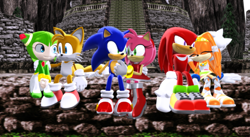 Size: 1209x661 | Tagged: safe, artist:luvanddeathinall, amy rose, cosmo the seedrian, knuckles the echidna, miles "tails" prower, sonic the hedgehog, tikal, 3d, abstract background, amy x sonic, group, incest, knuxikal, shipping, straight, tailsmo