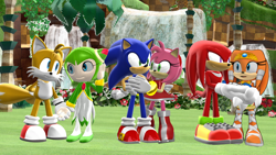 Size: 1192x670 | Tagged: safe, artist:luvanddeathinall, amy rose, cosmo the seedrian, knuckles the echidna, miles "tails" prower, sonic the hedgehog, tikal, 3d, abstract background, amy x sonic, group, incest, knuxikal, shipping, straight, tailsmo