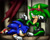 Size: 900x720 | Tagged: safe, artist:shoppaaaa, scourge the hedgehog, sonic the hedgehog, hedgehog, clenched teeth, duo, grin, looking at them, looking offscreen, lying on front, male, needs more jpeg, sitting, smile, treads