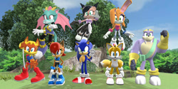 Size: 1264x632 | Tagged: safe, artist:jamesfan1991, antoine d'coolette, bunnie rabbot, dulcy the dragon, miles "tails" prower, nicole the hololynx, rotor walrus, sally acorn, sonic the hedgehog, 3d, mmd