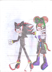 Size: 400x550 | Tagged: safe, artist:thunder-the-mouse, shadow the hedgehog, oc, oc:thunder dark the hedgemouse, traditional media