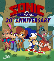 Size: 843x948 | Tagged: safe, artist:blake-rex, antoine d'coolette, bunnie rabbot, miles "tails" prower, rotor walrus, sally acorn, sonic the hedgehog, anniversary