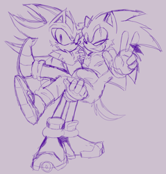 Size: 2326x2437 | Tagged: safe, artist:smugperson, shadow the hedgehog, sonic the hedgehog, 2024, carrying them, duo, frown, gay, grey background, line art, looking at viewer, scar, shadow x sonic, shipping, simple background, sketch, smile, standing, top surgery scars, trans male, transgender, v sign, wink