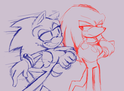 Size: 2417x1781 | Tagged: safe, artist:smugperson, knuckles the echidna, sonic the hedgehog, arms folded, chest fluff, duo, flirting, frown, gay, grey background, knuxonic, lidded eyes, line art, looking at each other, shipping, simple background, sketch, sliding, smile, sweatdrop, top surgery scars, trans male, transgender