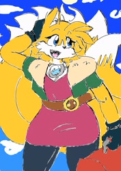 Size: 1080x1527 | Tagged: safe, artist:duskwingmoth, miles "tails" prower, abstract background, adult, aged up, alternate outfit, alternate universe, belt, black gloves, clothes, crop jacket, dress, eye clipping through hair, eyebrow clipping through hair, eyelashes, holding something, kitsune, leggings, looking offscreen, mouth open, older, smile, solo, standing, toolbox, trans female, transgender