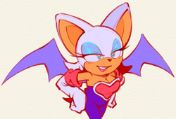 Size: 1091x743 | Tagged: safe, artist:candycatstuffs, rouge the bat, hands on hips, lidded eyes, looking at viewer, simple background, smile, solo, standing