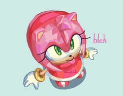 Size: 2048x1609 | Tagged: safe, artist:aaaatails, amy rose, amybetes, bleh, cute, from above, green background, lineless, looking up, simple background, standing, tongue out