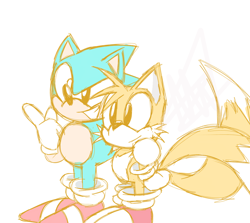 Size: 1098x981 | Tagged: safe, artist:mrsgalaxy122, miles "tails" prower, sonic the hedgehog, 2023, arm around shoulders, classic sonic, classic tails, duo, looking offscreen, pointing, simple background, smile, standing, white background