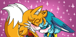 Size: 1205x599 | Tagged: safe, artist:cyngawolf, kit the fennec, miles "tails" prower, oc, oc:hurrikit, oc:tailsko (tasp), 2024, blushing, clothes, duo, eyes closed, frown, gender swap, gradient background, kitails, lesbian, r63 shipping, shipping, smile, sparkles