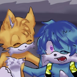 Size: 1500x1500 | Tagged: safe, artist:bouchu00x, kit the fennec, miles "tails" prower, 2023, cute, duo, eyes closed, gay, holding each other, kitails, looking at viewer, mouth open, shipping, smile, wink