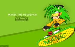 Size: 900x563 | Tagged: safe, artist:jessicap0p, hedgehog, boots, fingerless gloves, gloves, goggles, green fur, jacket, male, manic the hedgehog, red eyes, skateboard, solo