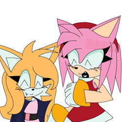 Size: 3072x3072 | Tagged: safe, artist:ixwyxi, amy rose, miles "tails" prower, 2024, alternate outfit, amybetes, blushing, cute, duo, eyelashes, eyes closed, flat colors, gender swap, heart tongue, one fang, signature, simple background, smile, standing, tailabetes, white background