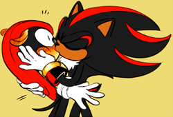 Size: 750x509 | Tagged: safe, artist:virune, mighty the armadillo, shadow the hedgehog, blushing, blushing ears, duo, eyes closed, floppy ears, gay, holding them, kiss, mightadow, shipping, shrunken pupils, simple background, standing, surprise kiss, surprised, yellow background