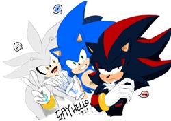 Size: 1365x963 | Tagged: safe, artist:si9bb, shadow the hedgehog, silver the hedgehog, sonic the hedgehog, arms folded, english text, looking at viewer, smile, trio, waving