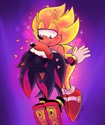 Size: 1212x1436 | Tagged: safe, artist:beastofeuthanasia, shadow the hedgehog, sonic the hedgehog, super sonic, 2019, blushing, duo, flying, gay, gradient background, heart, holding them, kiss, lidded eyes, shadow x sonic, shipping, sparkles, super form