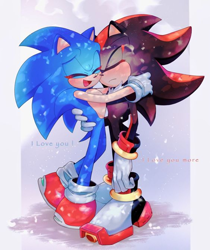 Size: 564x673 | Tagged: artist needed, safe, shadow the hedgehog, sonic the hedgehog, abstract background, blushing, cute, dialogue, duo, english text, eyes closed, frown, gay, holding each other, mouth open, shadow x sonic, shipping, smile, sonabetes, standing