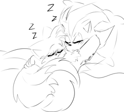 Size: 2048x1863 | Tagged: safe, artist:dogdaysc, miles "tails" prower, shadow the hedgehog, 2024, bed, blushing, cute, duo, eyes closed, frown, gay, indoors, line art, lying down, pillow, shadails, shadowbetes, shipping, simple background, sleeping, tailabetes, white background, zzz