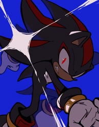 Size: 1590x2048 | Tagged: safe, artist:roastedgarlics2, shadow the hedgehog, 2024, blue background, clenched teeth, frown, looking at viewer, shine, simple background, solo