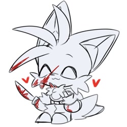 Size: 531x530 | Tagged: safe, artist:soba_kt, miles "tails" prower, 2024, blood, cute, eyes closed, heart, holding something, knife, monochrome, simple background, smile, solo, tailabetes, white background, yandere