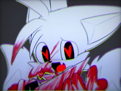 Size: 1024x768 | Tagged: safe, artist:soba_kt, miles "tails" prower, 2024, blood, chromatic aberration, cute, grey background, heart eyes, holding something, knife, monochrome, mouth open, one fang, simple background, solo, tailabetes, yandere