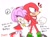 Size: 1402x1026 | Tagged: safe, artist:asune_snare, amy rose, knuckles the echidna, duo, eye clipping through hair, holding tail, japanese text, looking offscreen, mouth open, open smile, simple background, smile, tokyo game show, walking, white background