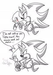 Size: 1446x2048 | Tagged: safe, artist:aridombo, espio the chameleon, shadow the hedgehog, 2024, arms folded, blushing, dialogue, duo, english text, frown, gay, heart, i'm not calling you a good boy, looking at them, looking offscreen, meme, monochrome, mouth open, pout, shadpio, shipping, simple background, speech bubble, standing, white background