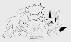 Size: 665x390 | Tagged: safe, artist:lazydayslivin, knuckles the echidna, rouge the bat, sonic the hedgehog, angry, comic, english text, grey background, greyscale, monochrome, simple background, speech bubble, trio