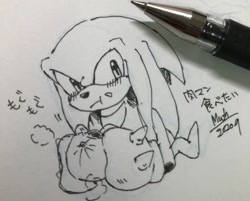 Size: 600x482 | Tagged: safe, artist:mush_0106, knuckles the echidna, 2020, eating, food, greyscale, holding something, japanese text, monochrome, penwork, solo, traditional media