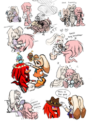 Size: 1676x2202 | Tagged: safe, artist:mushroomflood, cheese (chao), chocola (chao), cream the rabbit, knuckles the echidna, vanilla the rabbit, broken, english text, fanfiction art, flower crown, group, hat, hugging, purring, robot, speech bubble