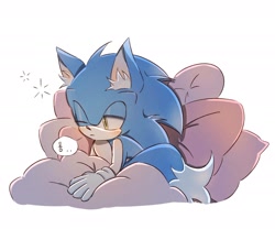 Size: 1921x1601 | Tagged: safe, artist:chilidog_16, sonic the hedgehog, fox, bed, one eye closed, solo, species swap, waking up