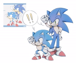 Size: 2400x2000 | Tagged: safe, artist:chilidog_16, sonic the hedgehog, classic sonic, duo, exclamation mark, redraw, reference inset, self paradox, shading eyes