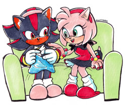 Size: 844x701 | Tagged: safe, artist:mori3322, amy rose, shadow the hedgehog, alternate outfit, couch, cute, duo, gloves off, knitting, sitting