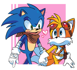 Size: 905x820 | Tagged: safe, artist:taails-proower-blog, miles "tails" prower, sonic the hedgehog, blushing, blushing ears, duo, gay, heart, holding hands, looking at each other, mouth open, semi-transparent background, shipping, signature, smile, sonic boom (tv), sonic x tails, walking