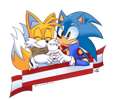 Size: 1280x1024 | Tagged: safe, artist:taails-proower-blog, miles "tails" prower, sonic the hedgehog, clothes, duo, eyes closed, gay, heart, heart hands, jacket, looking at viewer, necklace, scarf, shipping, signature, simple background, smile, sonic x tails, transparent background