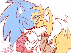 Size: 640x480 | Tagged: safe, artist:blackhoneybubu, miles "tails" prower, sonic the hedgehog, clothes, duo, ear fluff, engagement ring, english text, eyes closed, gay, holding each other, jacket, kiss, ring (jewelry), shipping, signature, simple background, sketch, sonic x tails, white background