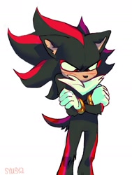 Size: 1214x1608 | Tagged: safe, artist:cysa, shadow the hedgehog, arms folded, blushing, cute, ear fluff, looking down, shadowbetes, signature, simple background, solo, standing, white background