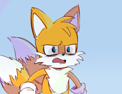 Size: 1470x1140 | Tagged: safe, artist:noritaro, miles "tails" prower, blue background, faic, looking offscreen, meme, mouth open, redraw, simple background, solo, standing, tails gets trolled