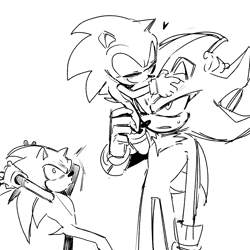 Size: 1800x1800 | Tagged: safe, artist:unhinged_sonic, shadow the hedgehog, sonic the hedgehog, sonic x shadow generations, classic sonic, gay, greyscale, heart, monochrome, self paradox, shadow x sonic, shipping, trio