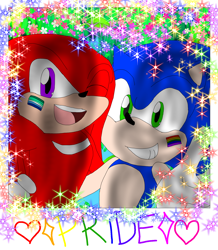 Size: 1540x1770 | Tagged: safe, artist:badharleyluck31, knuckles the echidna, sonic the hedgehog, abstract background, alternate version, base used, duo, face paint, flat colors, gay, gay pride, holding them, knuxonic, looking at viewer, mlm pride, pride, selfie, shipping, smile, sparkles, v sign, wink