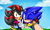 Size: 1918x1160 | Tagged: safe, artist:zone-vibes, shadow the hedgehog, sonic the hedgehog, 2017, abstract background, arm around shoulders, armband, bi shadow, bisexual, bisexual pride, blushing, clothes, daytime, demisexual, demisexual pride, duo, exclamation mark, face paint, gay, gay pride, holding something, looking at viewer, outdoors, pansexual, pansexual pride, pansexual sonic, selfie, shadow x sonic, shipping, shirt, signature, standing, surprised, v sign, wink