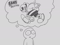 Size: 2048x1536 | Tagged: safe, artist:87_g0d, 2024, adventure pose, barely sonic related, duo, grey background, greyscale, grin, meme, monochrome, sans, simple background, smile, thought bubble, undertale