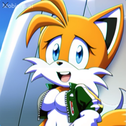 Size: 511x508 | Tagged: safe, ai art, artist:mobians.ai, miles "tails" prower, oc, oc:tailsko, 2023, abstract background, breasts, daytime, gender swap, jacket, looking at viewer, mouth open, open jacket, outdoors, prompter:elsiasus, smile, solo, standing