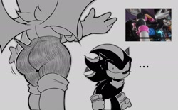 Size: 2048x1269 | Tagged: suggestive, artist:navigator8_, rouge the bat, shadow the hedgehog, sonic x shadow generations, ..., butt, grey background, greyscale, monochrome, redraw, reference inset, simple background