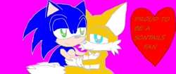 Size: 1451x610 | Tagged: safe, artist:djandmanaphy, miles "tails" prower, sonic the hedgehog, 2011, duo, english text, eyestrain, gay, heart, holding each other, lidded eyes, looking at viewer, pink background, shipping, simple background, smile, sonic x tails