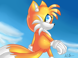 Size: 640x479 | Tagged: safe, artist:highnoonace, miles "tails" prower, 2015, abstract background, clenched fists, clouds, daytime, frown, looking back, looking offscreen, looking over shoulder, outdoors, redraw, signature, solo, sonic x, standing