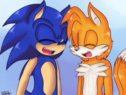 Size: 600x455 | Tagged: safe, artist:phantom-sugar, miles "tails" prower, sonic the hedgehog, adult, aged up, duo, eyes closed, gradient background, mouth open, older, one fang, signature, smile, standing